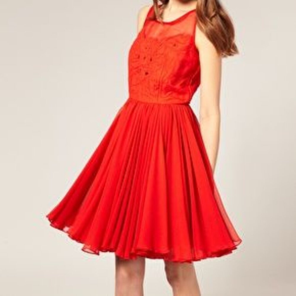 Vintage REISS Peacock Red Party Dress Size 2